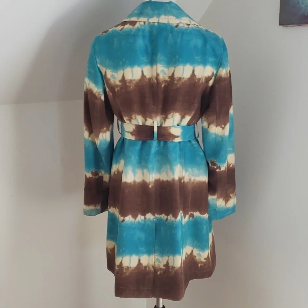 Anne Klein Womens Tie Dye Belted Aqua Blue Ivory Brown Big Collar Trench Coat, M